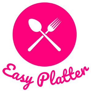 A pink circle with a white spoon and fork crossed over each other. Below the circle, the text "Easy Platter" is written in a cursive font.