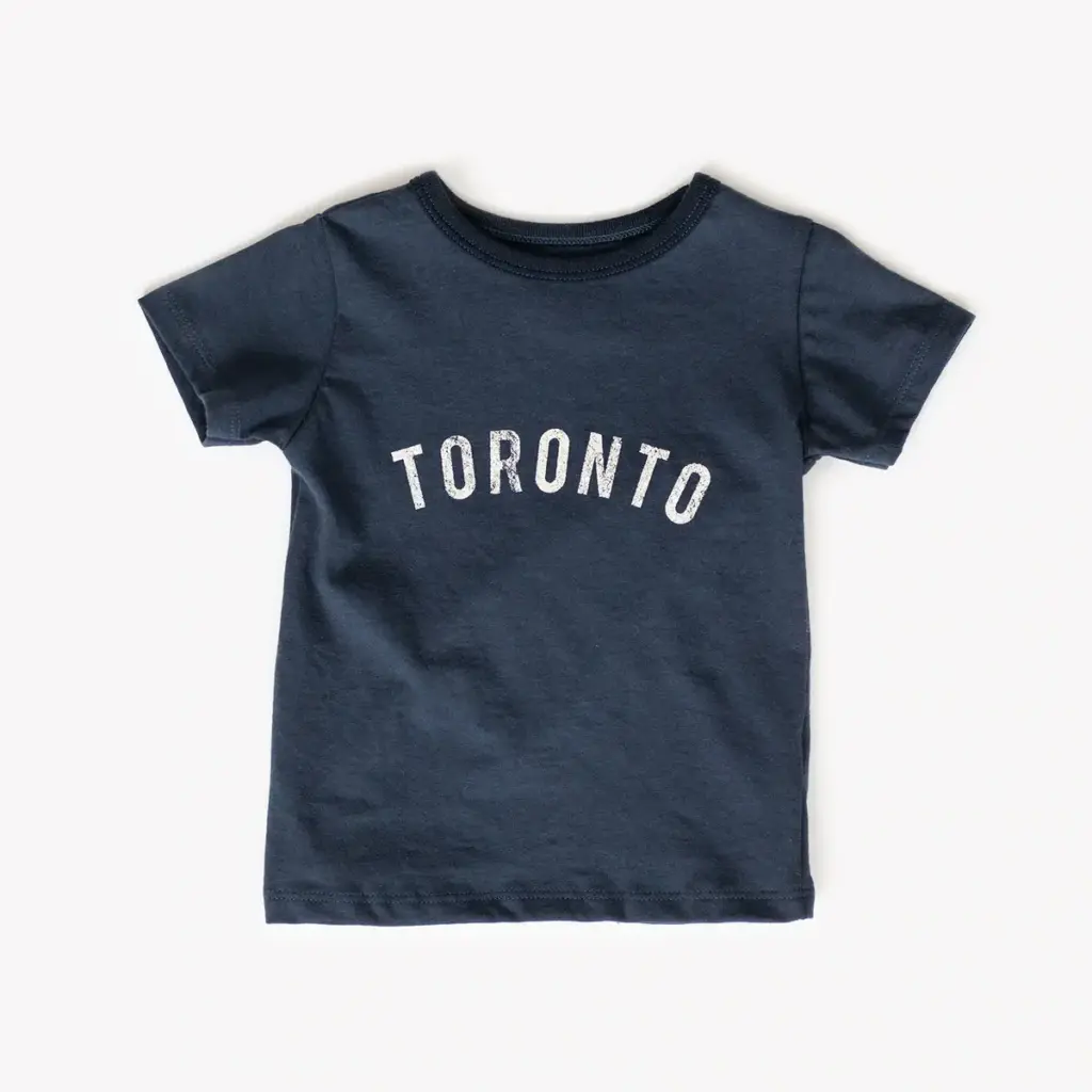 A navy blue T-shirt with the word "Toronto" printed in white letters on the front.
