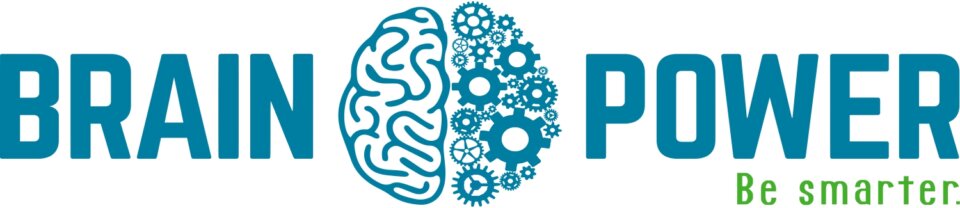 Logo with text "Brain Power" featuring a brain graphic made of gears in between the words, and the tagline "Be smarter" below in green.