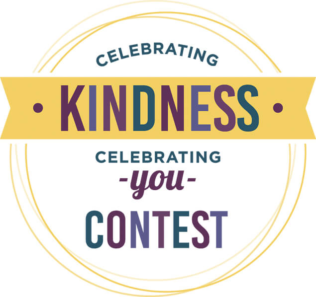 Circular logo with text: "CELEBRATING KINDNESS CELEBRATING YOU CONTEST." The word "KINDNESS" is highlighted on a yellow banner.