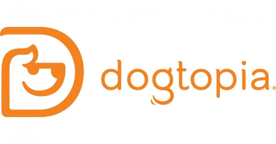 Orange "dogtopia" logo featuring the text "dogtopia" and a stylized dog head within a rounded orange "D.