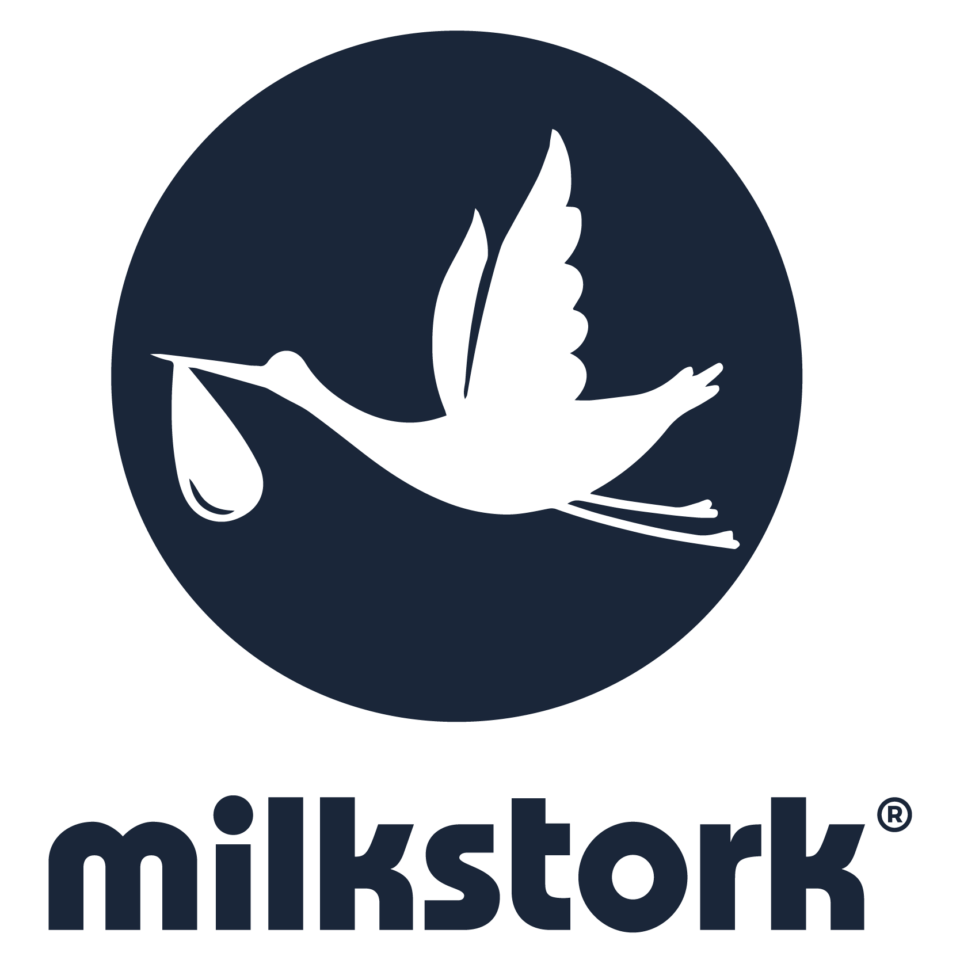 A white stork carrying a droplet is featured inside a dark circle above the word "milkstork" written in bold, lowercase letters.