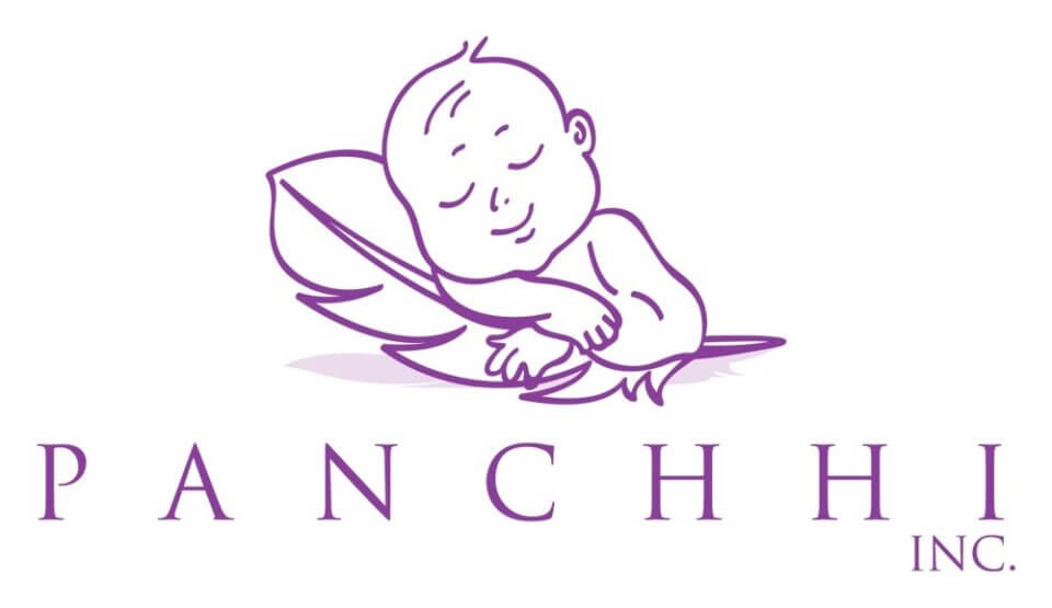 A purple line drawing of a sleeping baby embraced by a feather, with the text "PANCHHI INC." below.