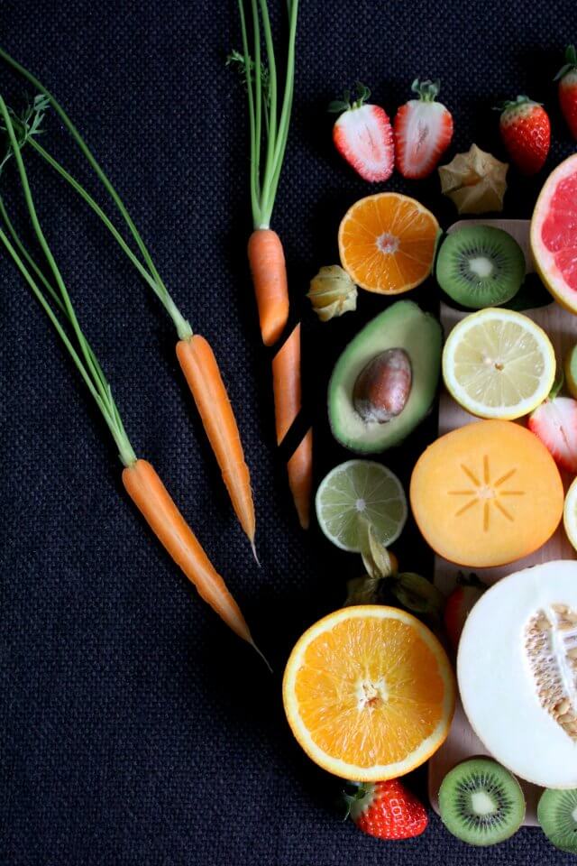 Fruits and vegetables on a navy blue background