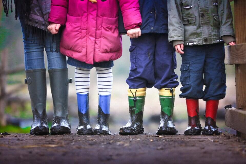 Children holding hands and wearing rain boots and rain coats