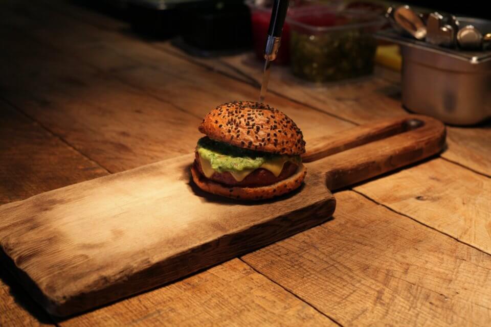 Burger on a wooden table