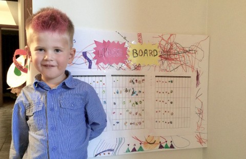 Child standing in front of a chore board