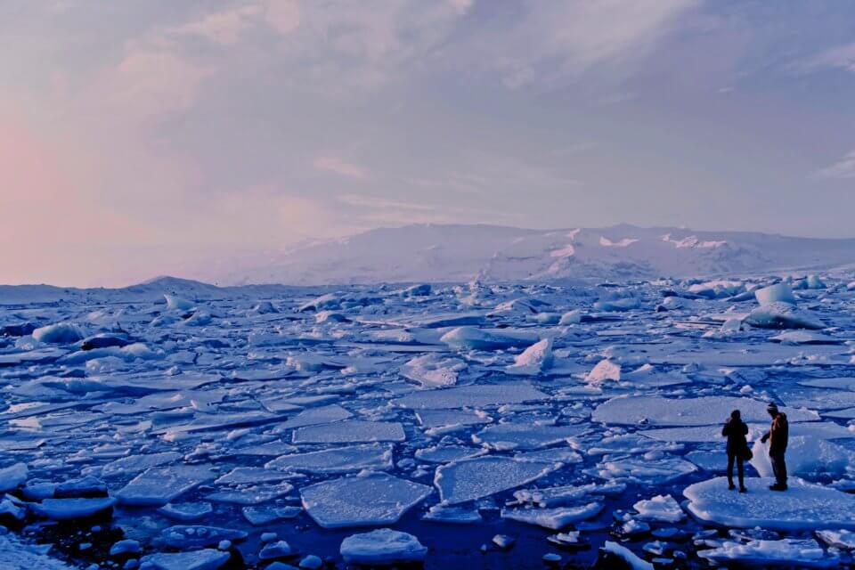 Iceland glaciers melting, purple and pink sky